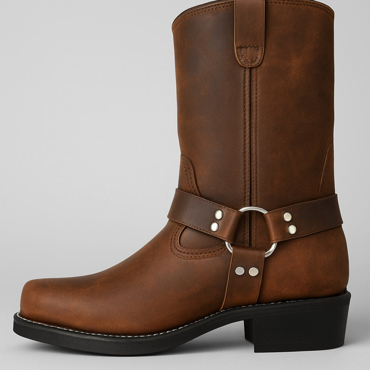 Women's Square-Toe Leather Harness Pull-On Western Cowboy Boots
