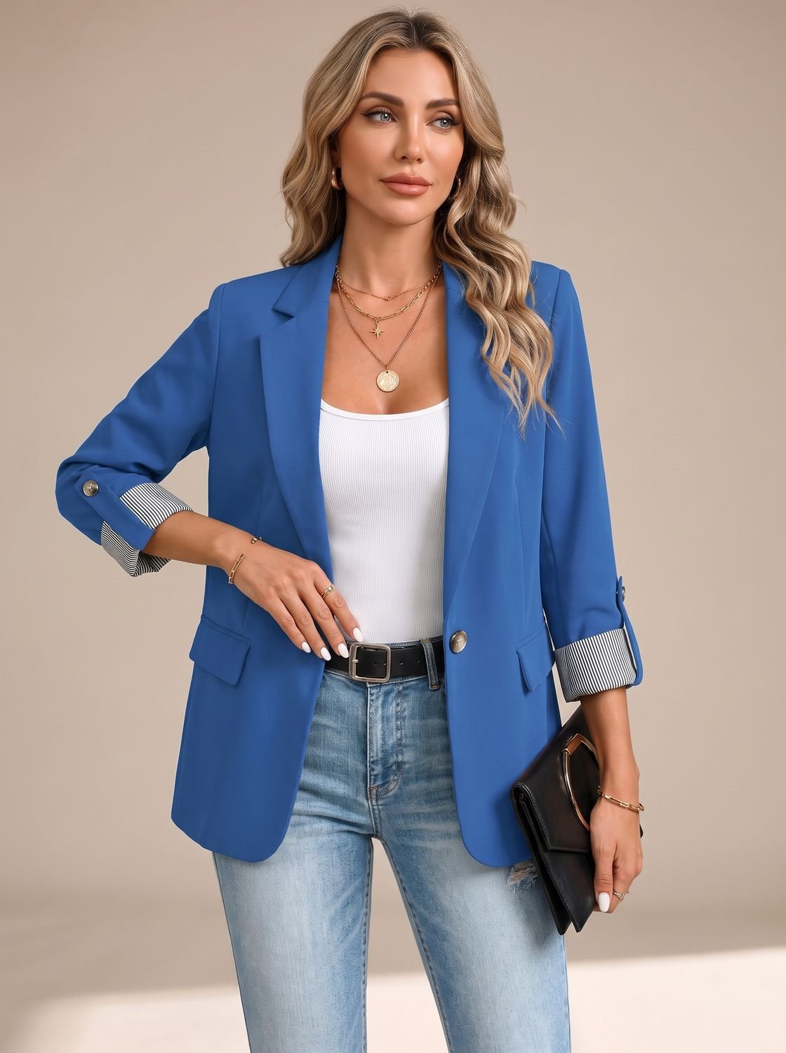 Women's Striped-Cuff Roll-Up Sleeve Soft-Tailored Blazer