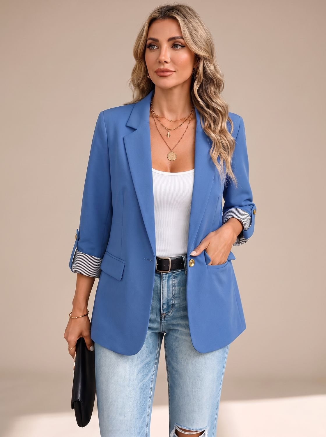 Women's Striped-Cuff Roll-Up Sleeve Soft-Tailored Blazer