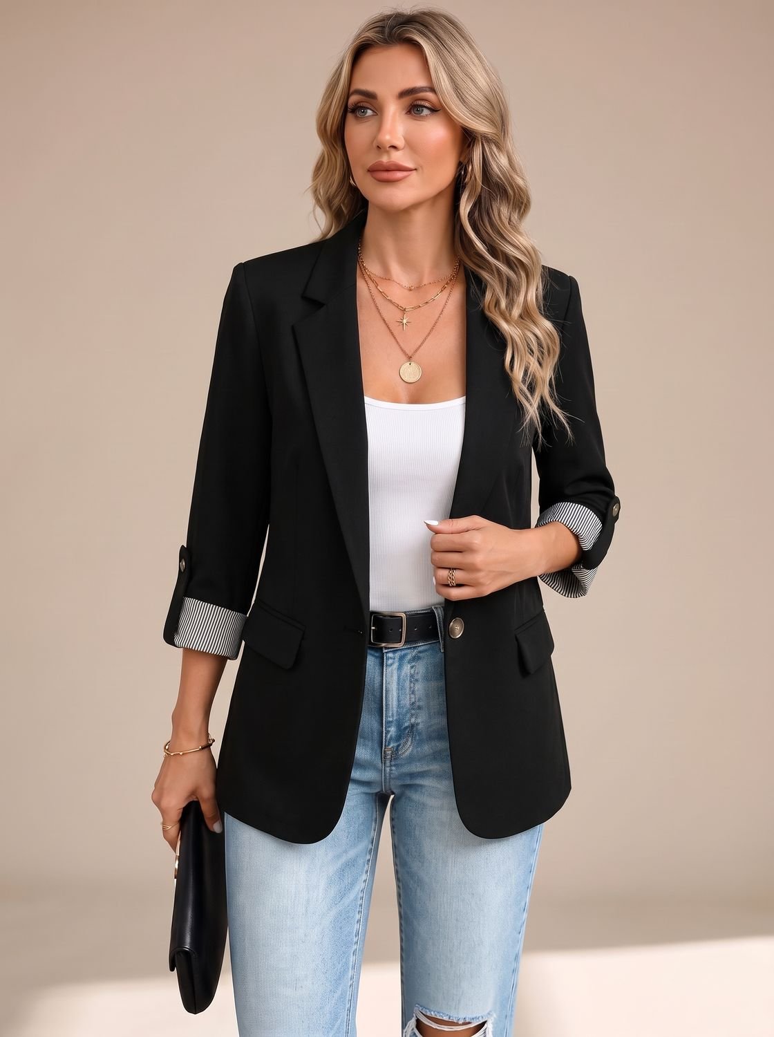 Women's Striped-Cuff Roll-Up Sleeve Soft-Tailored Blazer