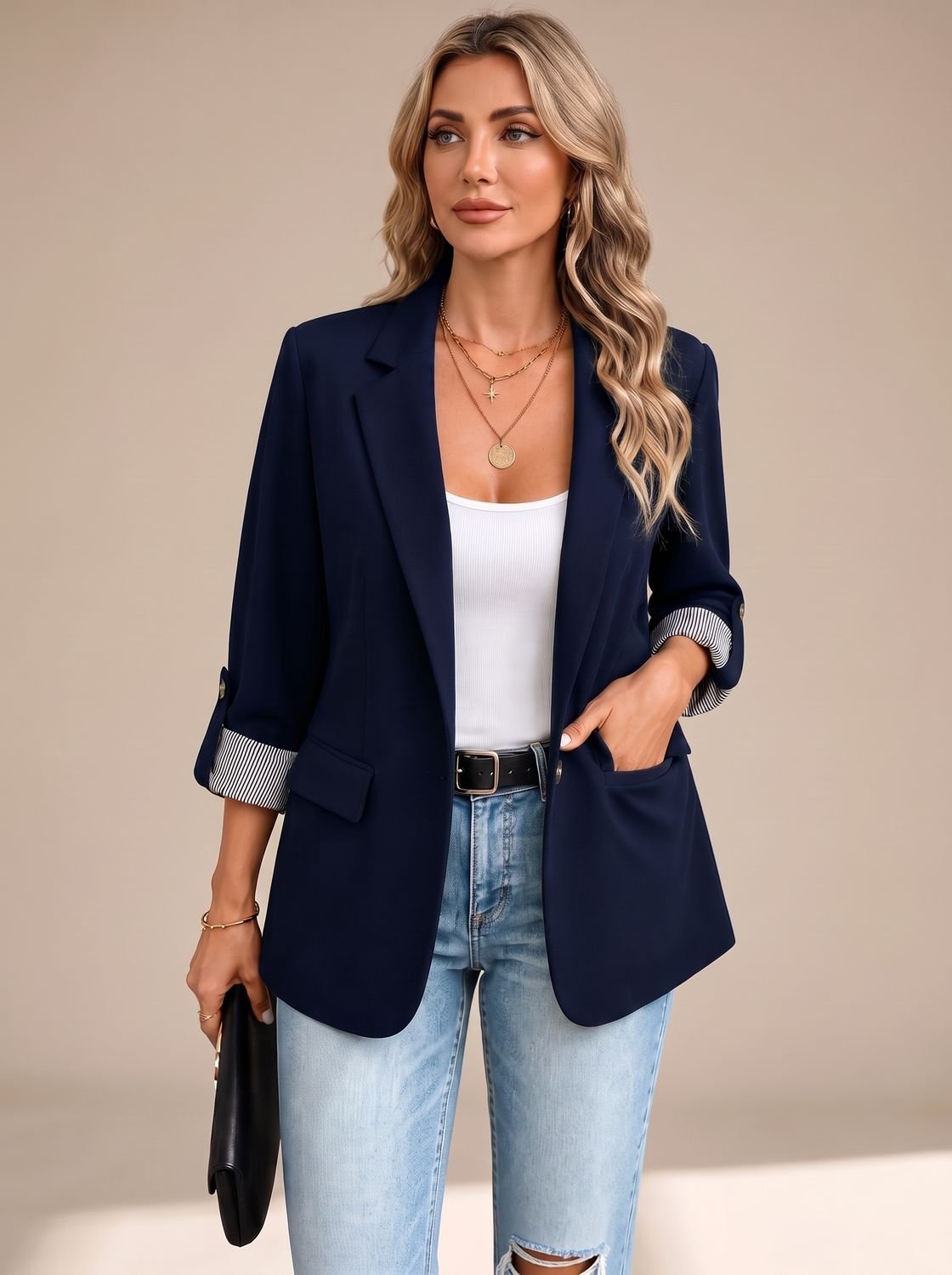 Women's Striped-Cuff Roll-Up Sleeve Soft-Tailored Blazer