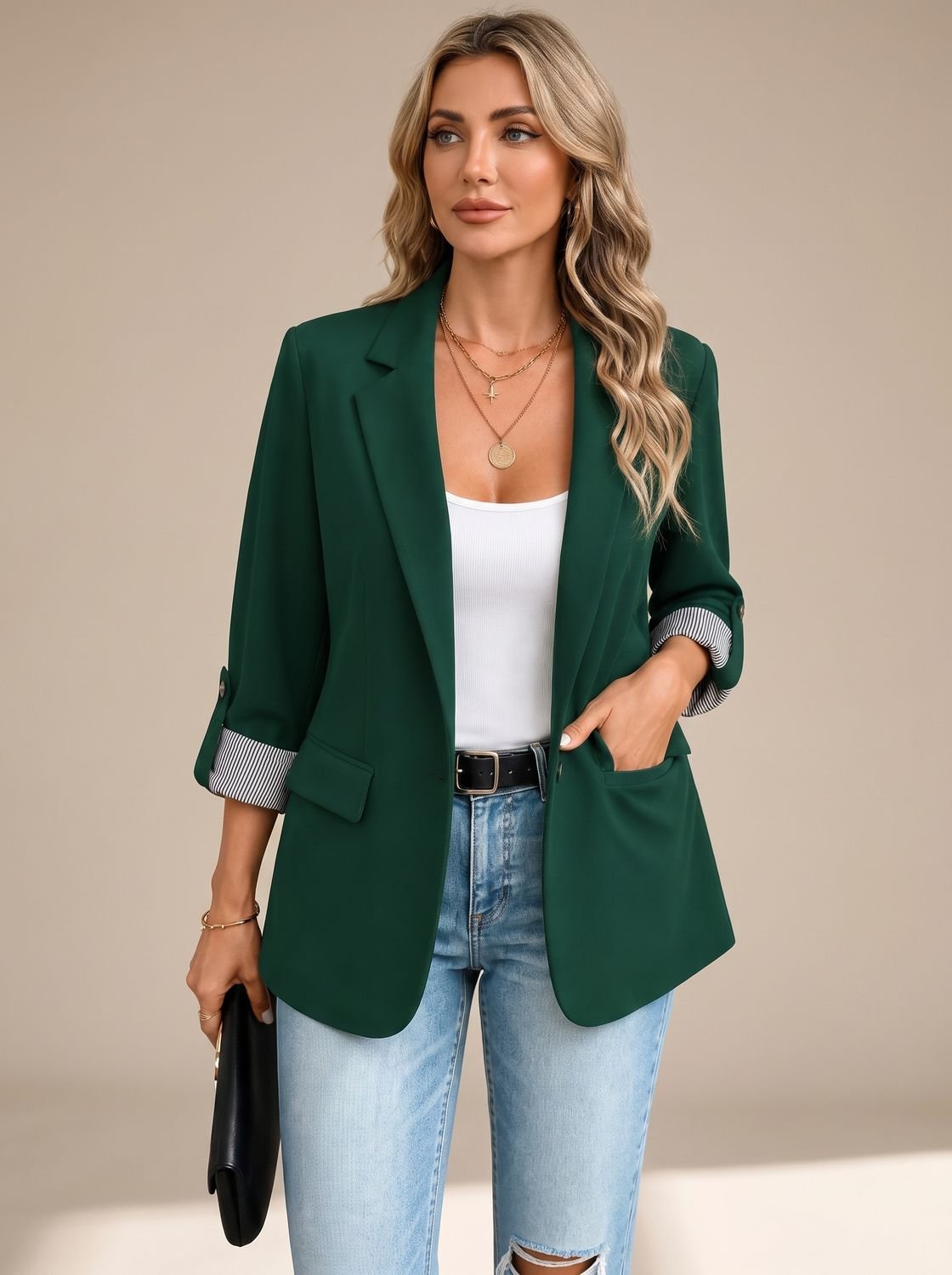 Women's Striped-Cuff Roll-Up Sleeve Soft-Tailored Blazer
