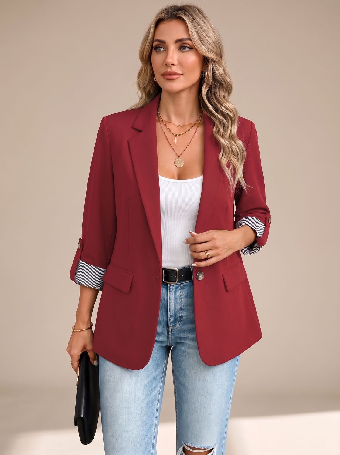 Women's Striped-Cuff Roll-Up Sleeve Soft-Tailored Blazer