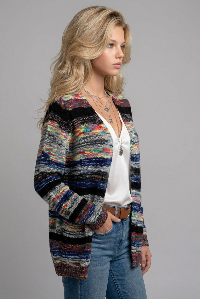 Women's Striped Long-Sleeve Open-Front Cardigan