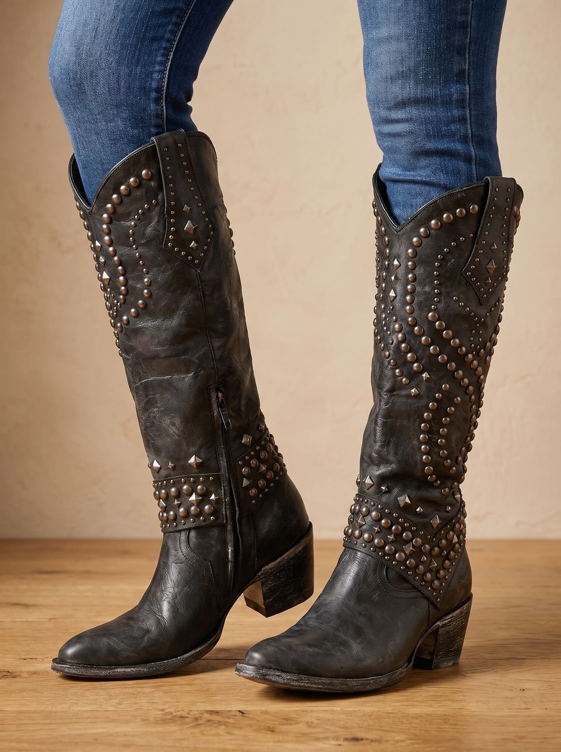 Women's Studded Pointed Toe Knee-High Orthopedic Cowboy Boots
