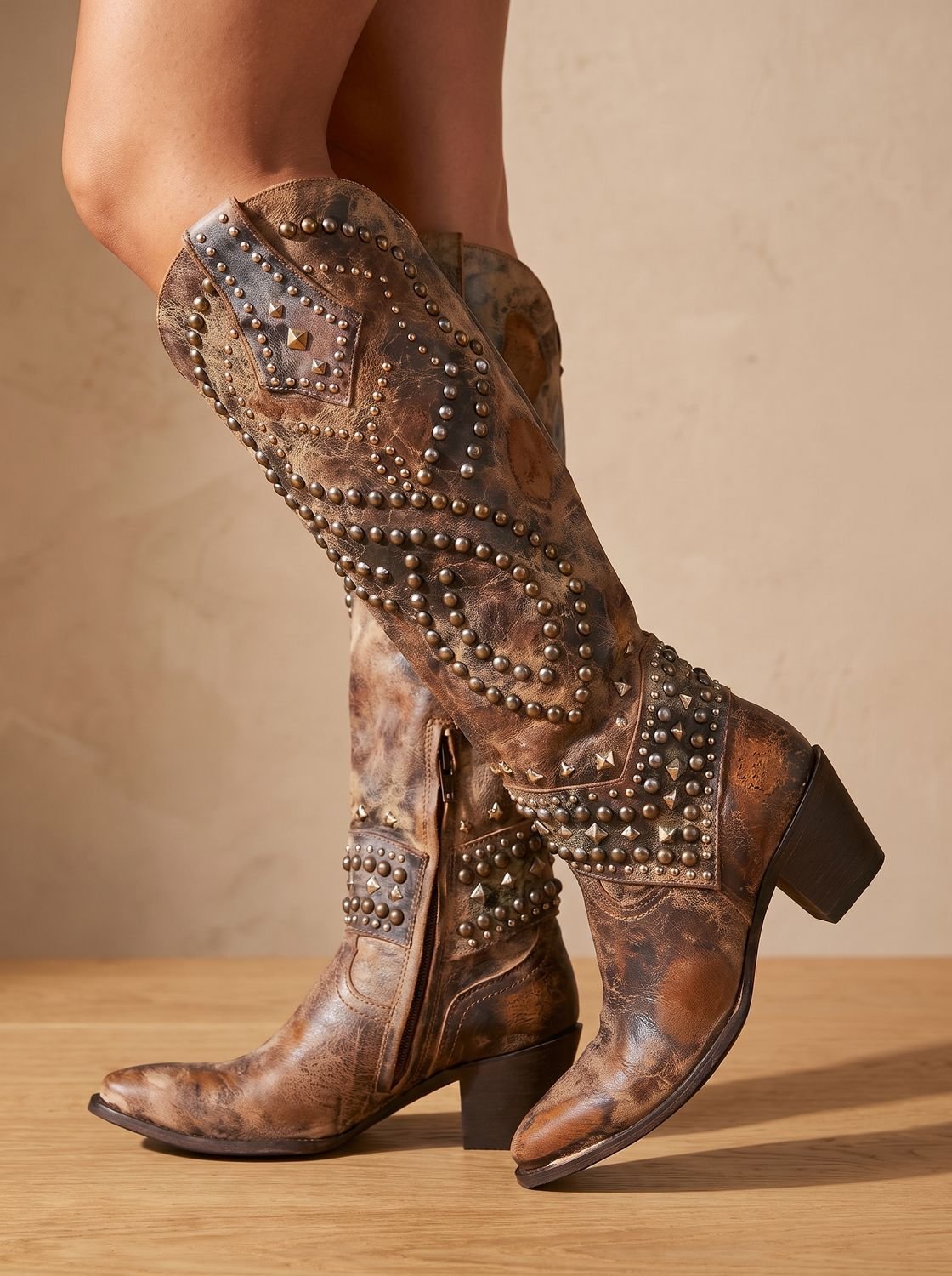 Women's Studded Pointed Toe Knee-High Orthopedic Cowboy Boots
