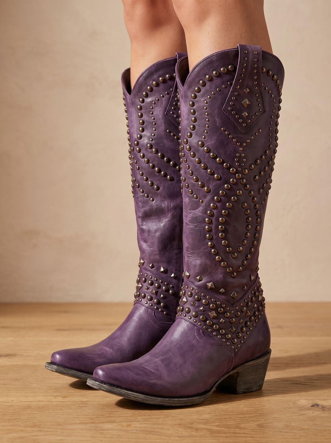 Women's Studded Pointed Toe Knee-High Orthopedic Cowboy Boots