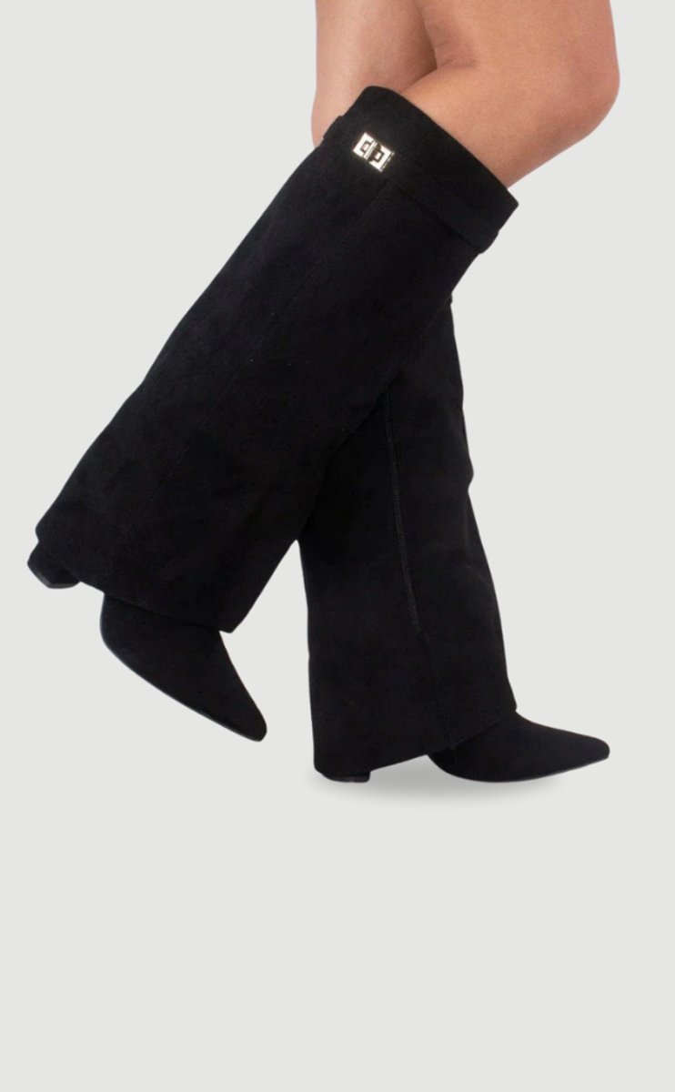 Women's Suede Fold-Over Knee-High Boots with Gold Clasp