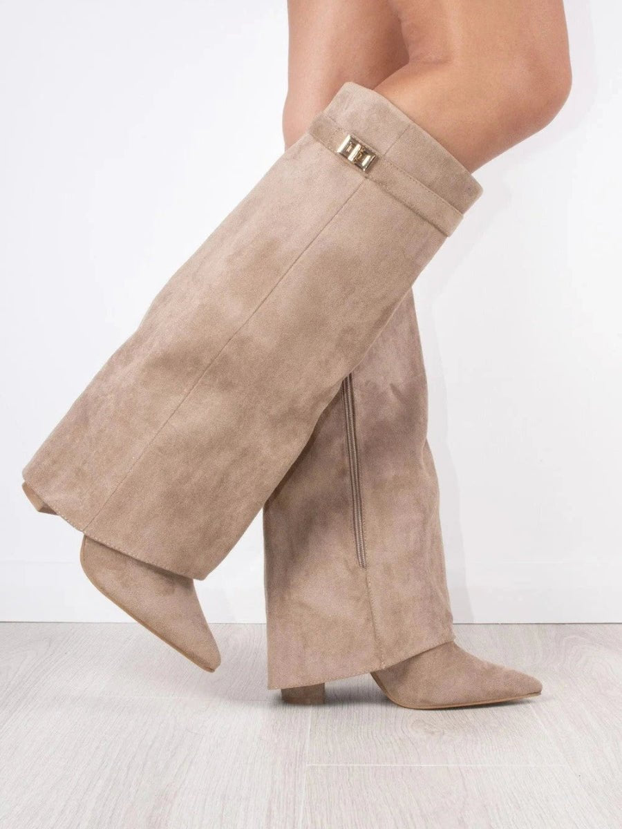Women's Suede Fold-Over Knee-High Boots with Gold Clasp