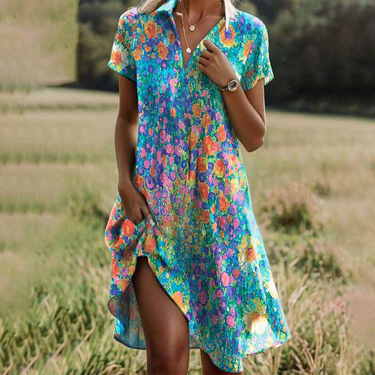 Women's Summer Dress | V Neck Short Sleeve Midi