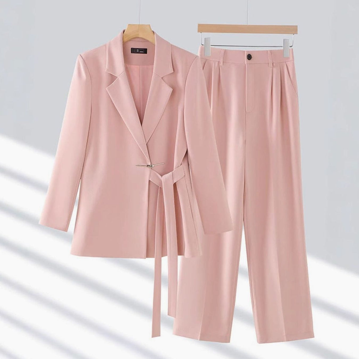 Women's Tailored Belted Blazer and Wide-Leg Pants Suit Set
