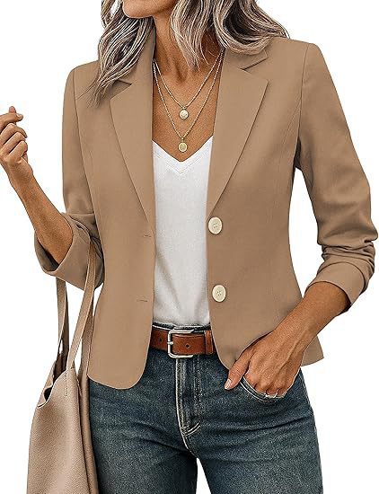 Women's Tailored Short Blazer with Decorative Buttons and 3/4 Sleeves