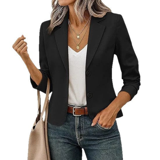 Women's Tailored Short Blazer with Decorative Buttons and 3/4 Sleeves
