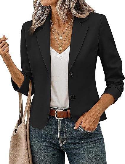 Women's Tailored Short Blazer with Decorative Buttons and 3/4 Sleeves