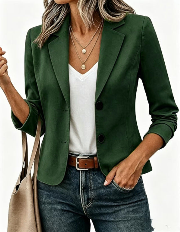 Women's Tailored Short Blazer with Decorative Buttons and 3/4 Sleeves
