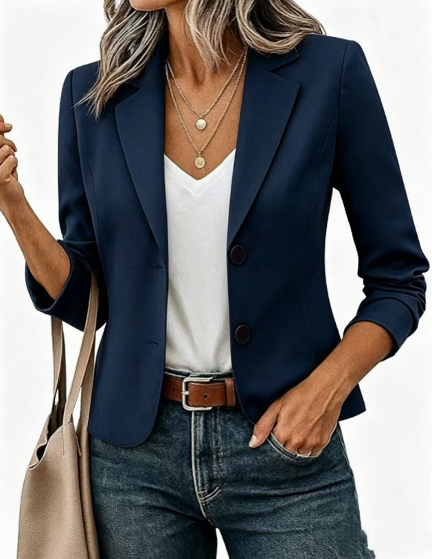Women's Tailored Short Blazer with Decorative Buttons and 3/4 Sleeves