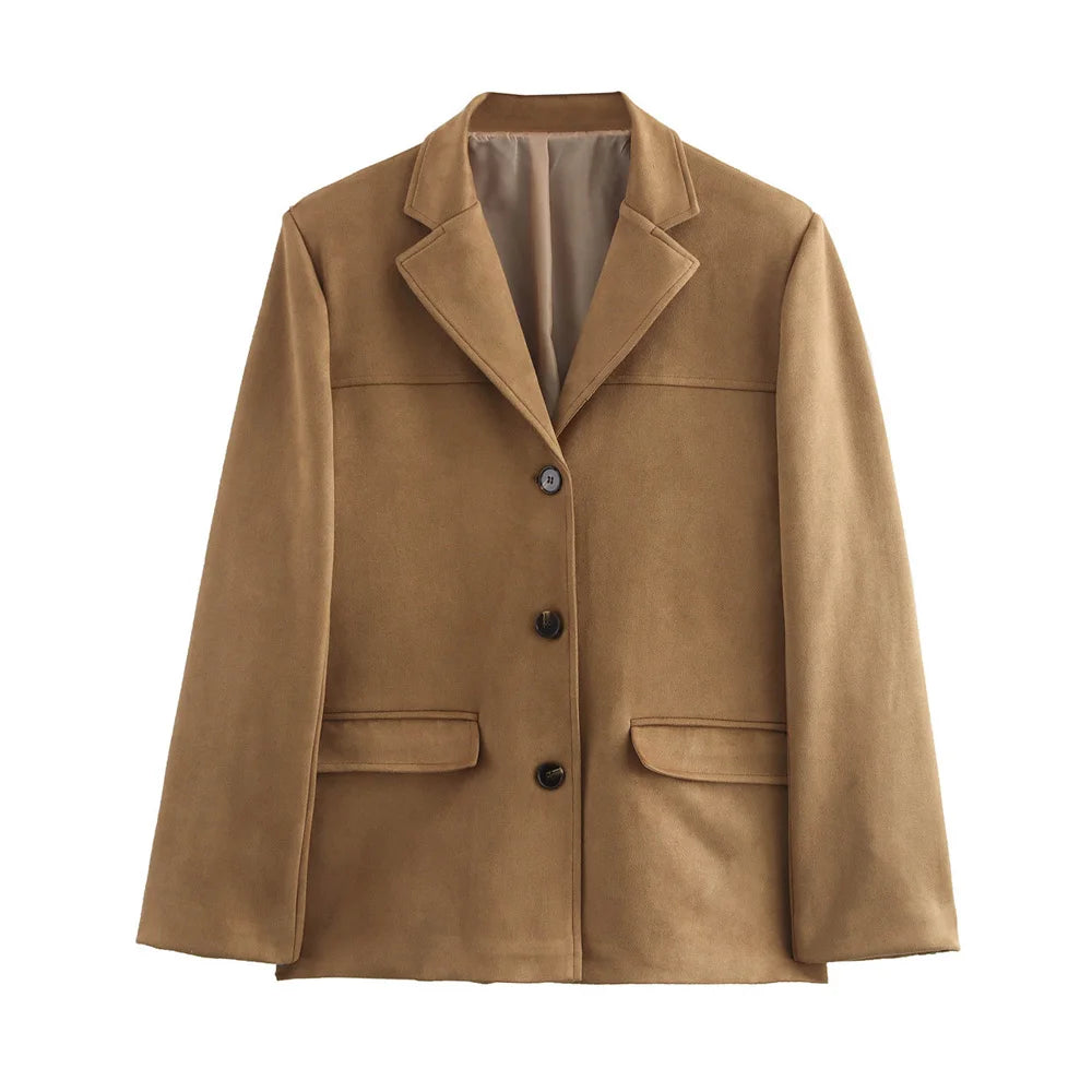 Women's Tailored Suede-Look Blazer with Button Front, Notched Collar, and Flap Pockets