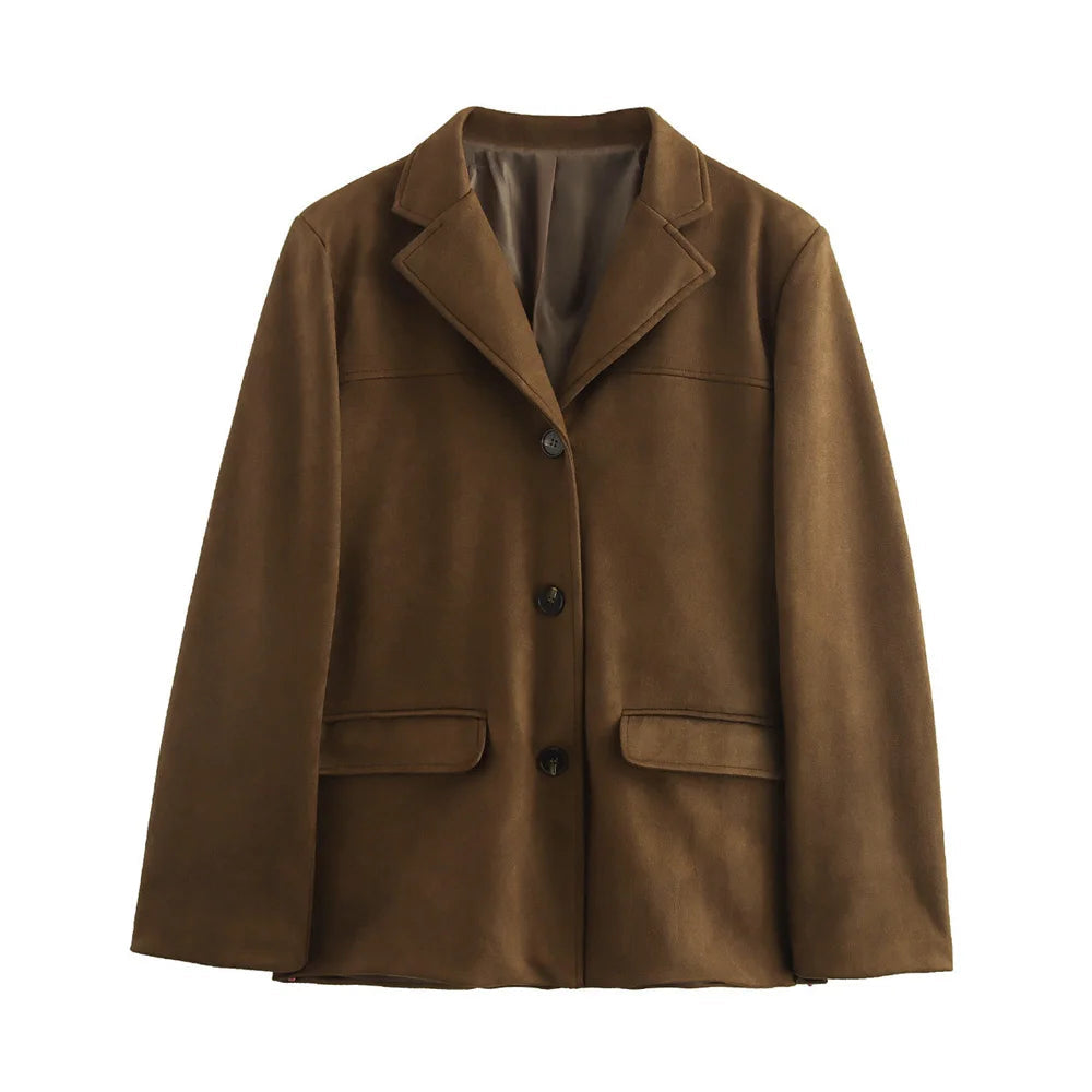 Women's Tailored Suede-Look Blazer with Button Front, Notched Collar, and Flap Pockets