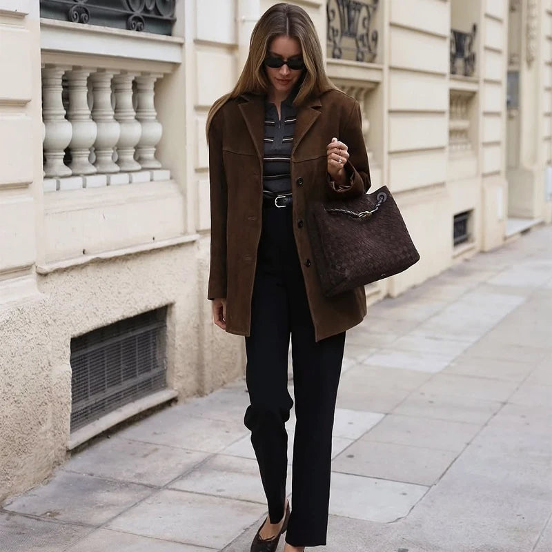 Women's Tailored Suede-Look Blazer with Button Front, Notched Collar, and Flap Pockets