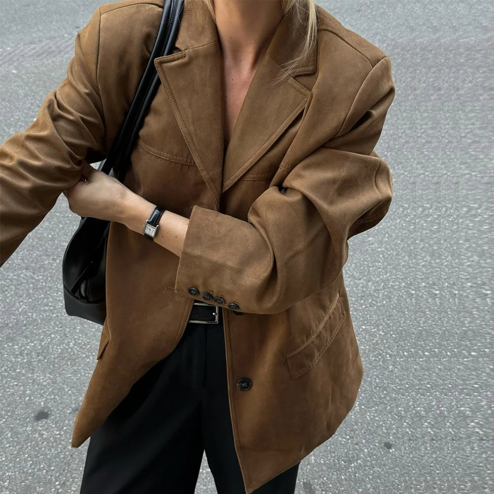 Women's Tailored Suede-Look Blazer with Button Front, Notched Collar, and Flap Pockets