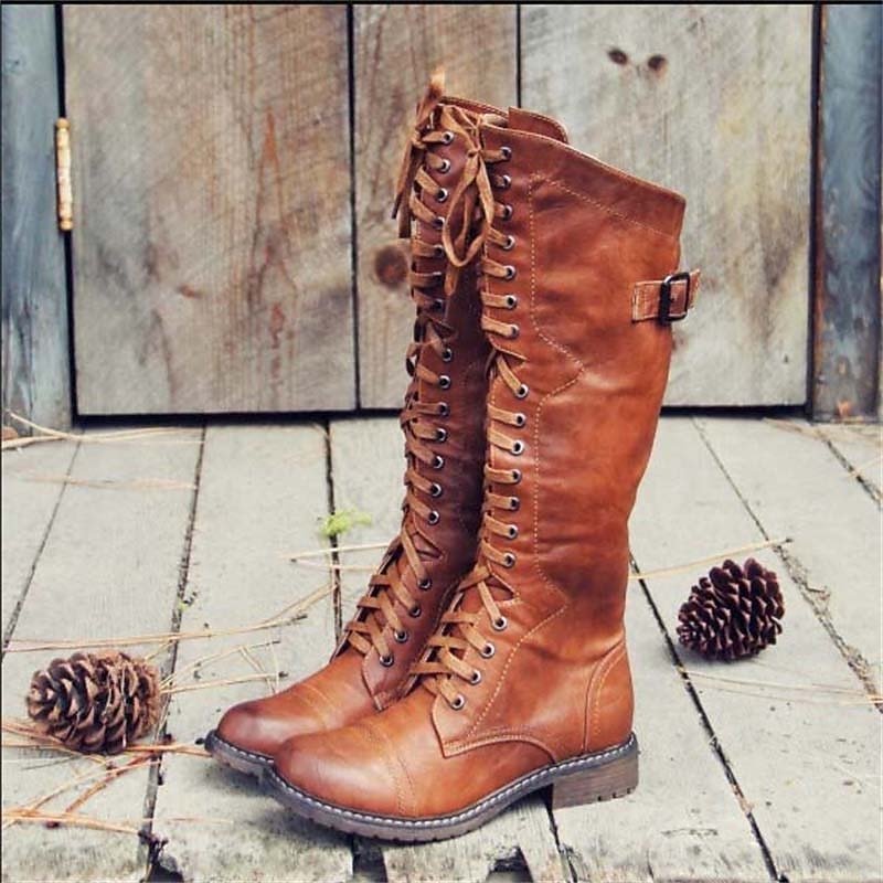 Women's Tall Riding-Style Lace-Up Boots - Elegant Leather Boots with Heel & Zipper