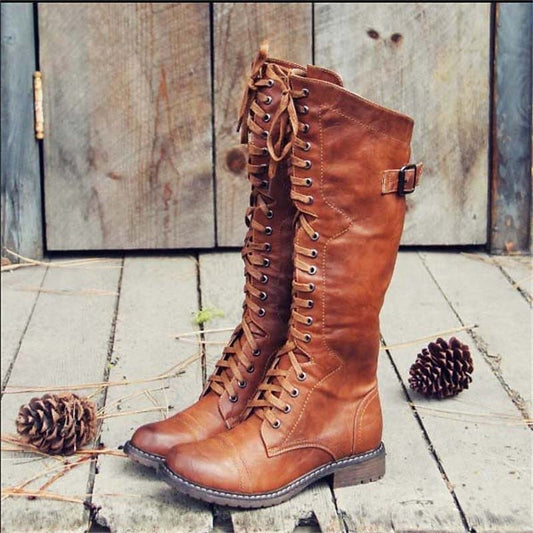 Women's Tall Riding-Style Lace-Up Boots - Elegant Leather Boots with Heel & Zipper