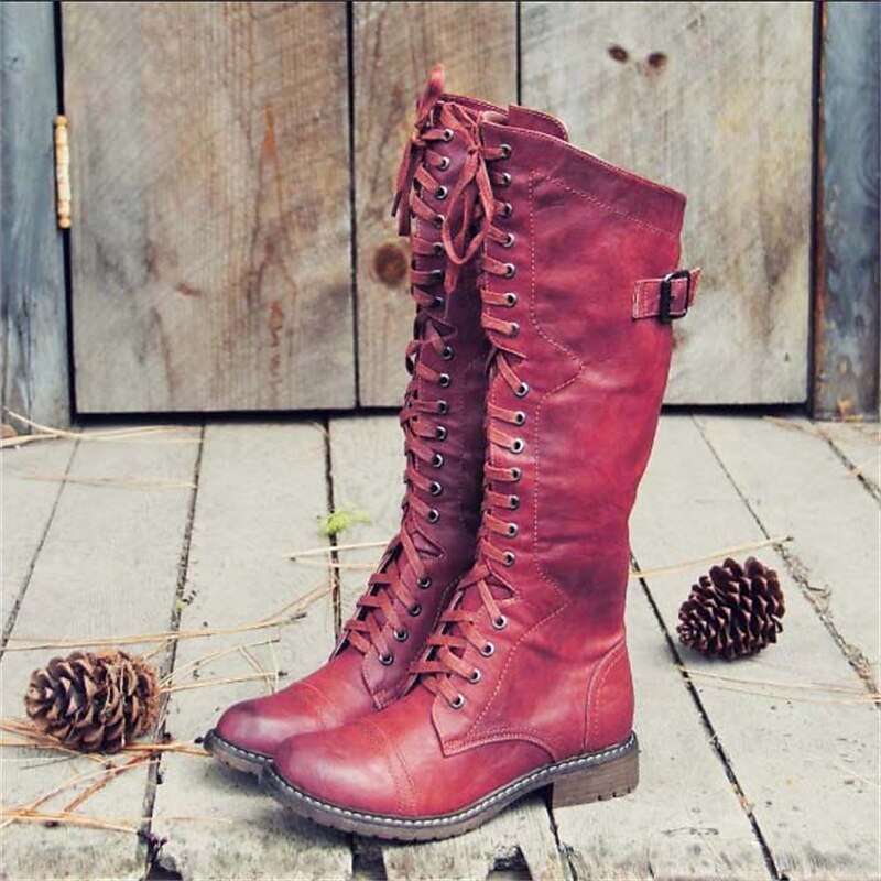 Women's Tall Riding-Style Lace-Up Boots - Elegant Leather Boots with Heel & Zipper