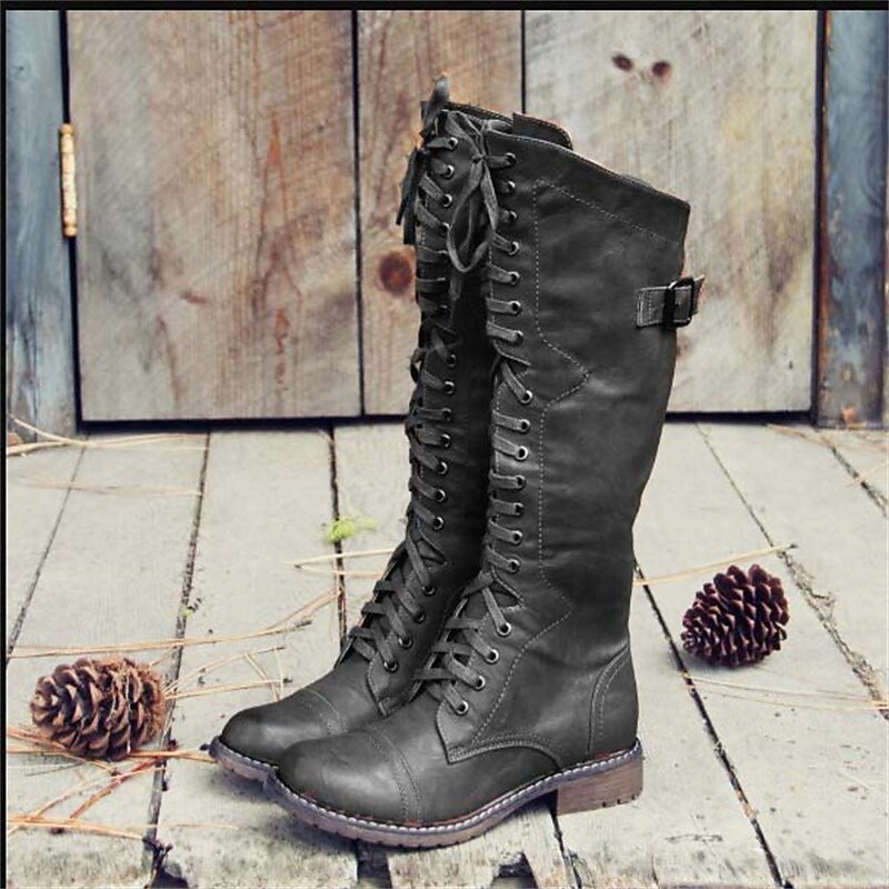 Women's Tall Riding-Style Lace-Up Boots - Elegant Leather Boots with Heel & Zipper
