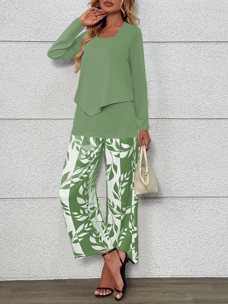 Women's Two-Piece Lounge Set with Overlapping Long Sleeve Top and Wide-Leg Palazzo Pants