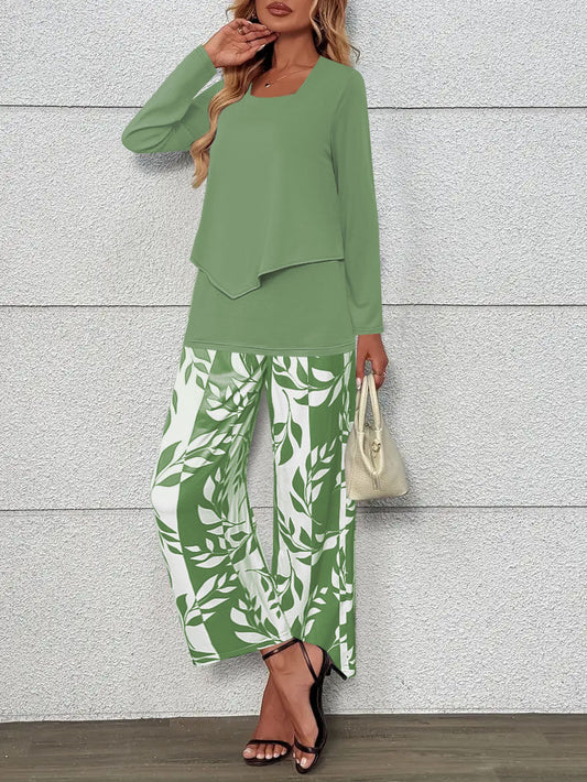 Women's Two-Piece Lounge Set with Overlapping Long Sleeve Top and Wide-Leg Palazzo Pants