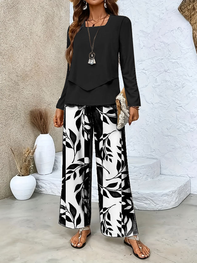 Women's Two-Piece Lounge Set with Overlapping Long Sleeve Top and Wide-Leg Palazzo Pants