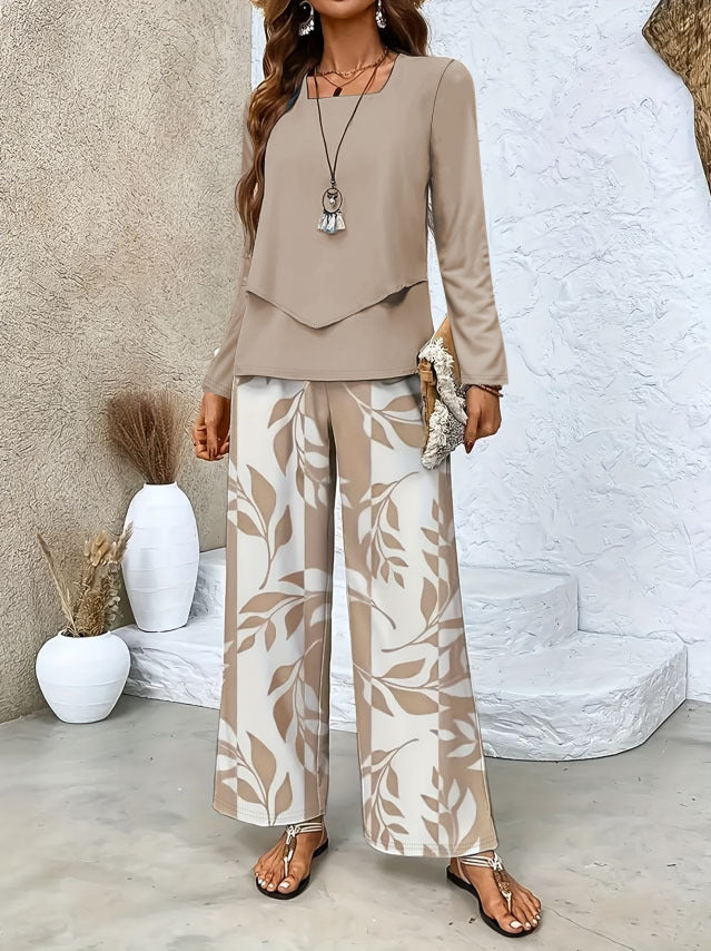 Women's Two-Piece Lounge Set with Overlapping Long Sleeve Top and Wide-Leg Palazzo Pants