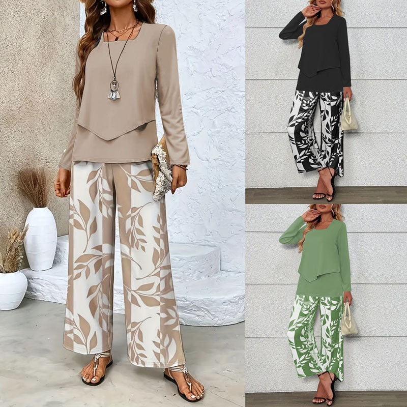 Women's Two-Piece Lounge Set with Overlapping Long Sleeve Top and Wide-Leg Palazzo Pants