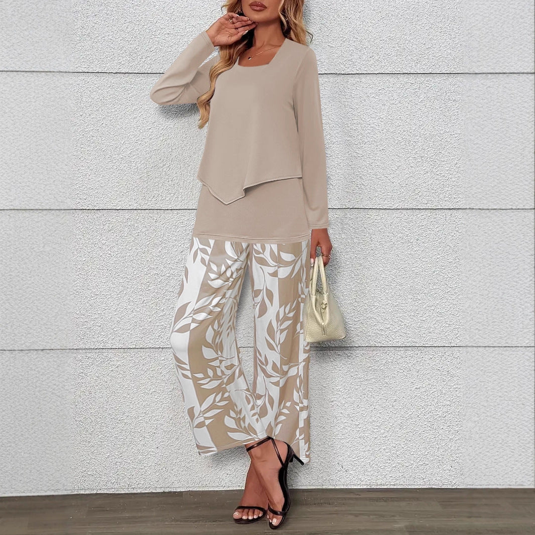 Women's Two-Piece Lounge Set with Overlapping Long Sleeve Top and Wide-Leg Palazzo Pants