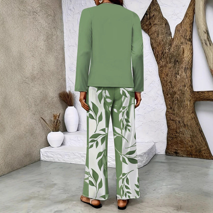 Women's Two-Piece Lounge Set with Overlapping Long Sleeve Top and Wide-Leg Palazzo Pants