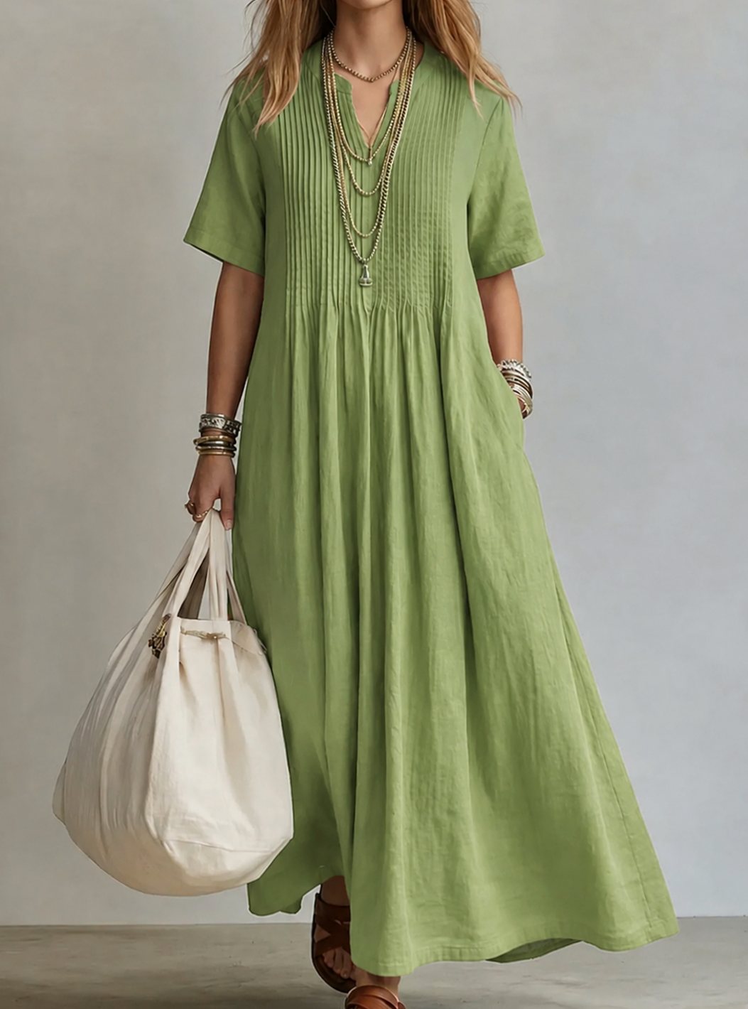 Women's V-Neck Pintuck Pleated Flowy Maxi Dress