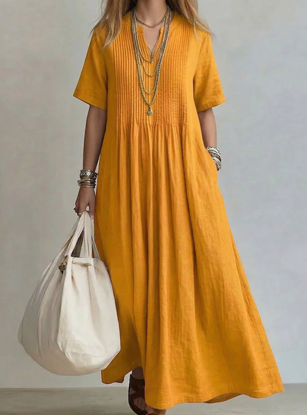 Women's V-Neck Pintuck Pleated Flowy Maxi Dress