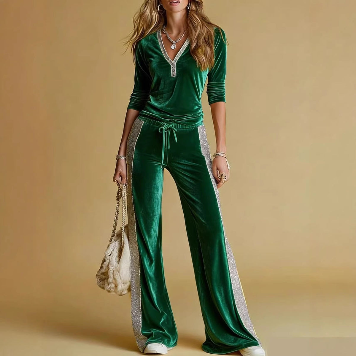 Women's Velvet Tracksuit with V-Neck and Glittering Side Stripes