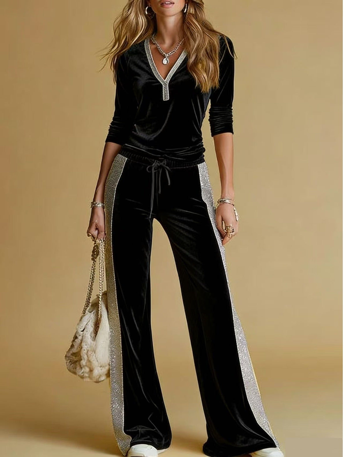 Women's Velvet Tracksuit with V-Neck and Glittering Side Stripes