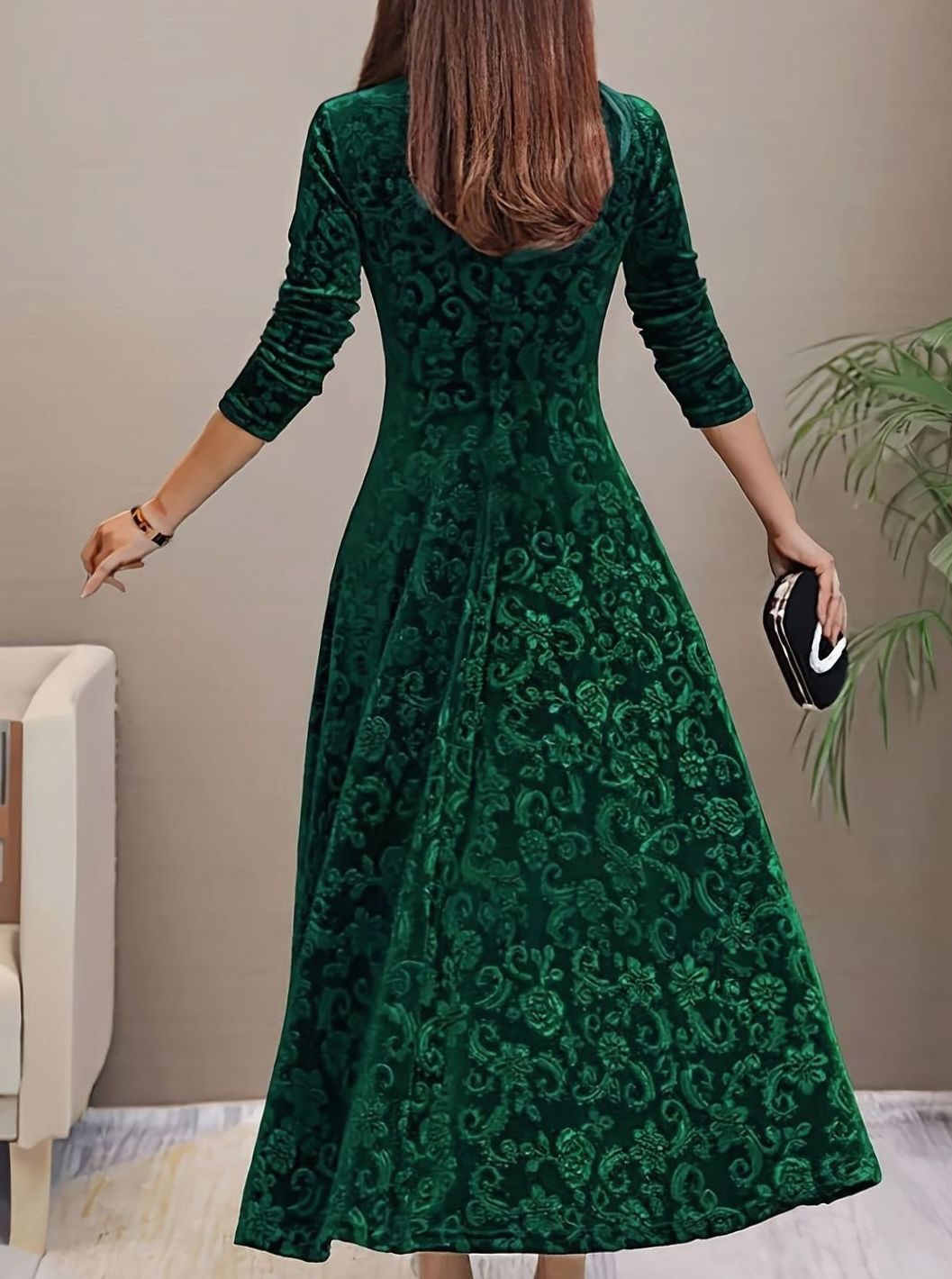 Women's Velvet V-Neck Long-Sleeve A-Line Midi Dress