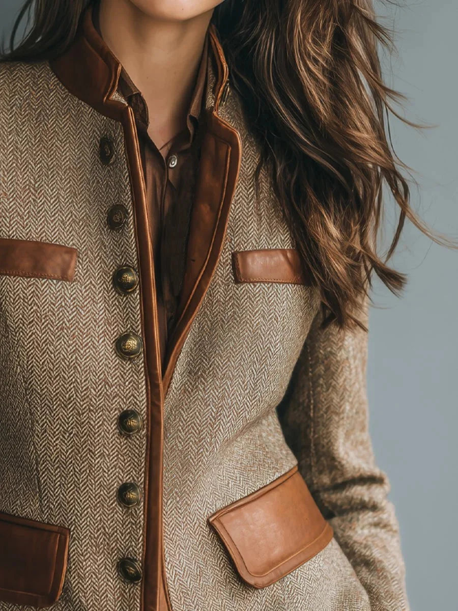 Women's Vintage Herringbone Tweed Jacket with Leather Details
