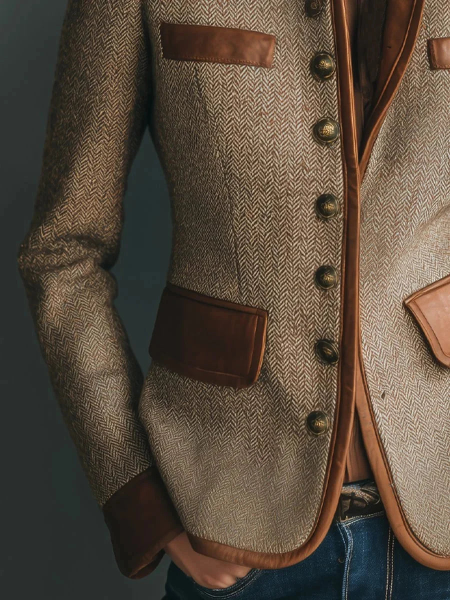 Women's Vintage Herringbone Tweed Jacket with Leather Details