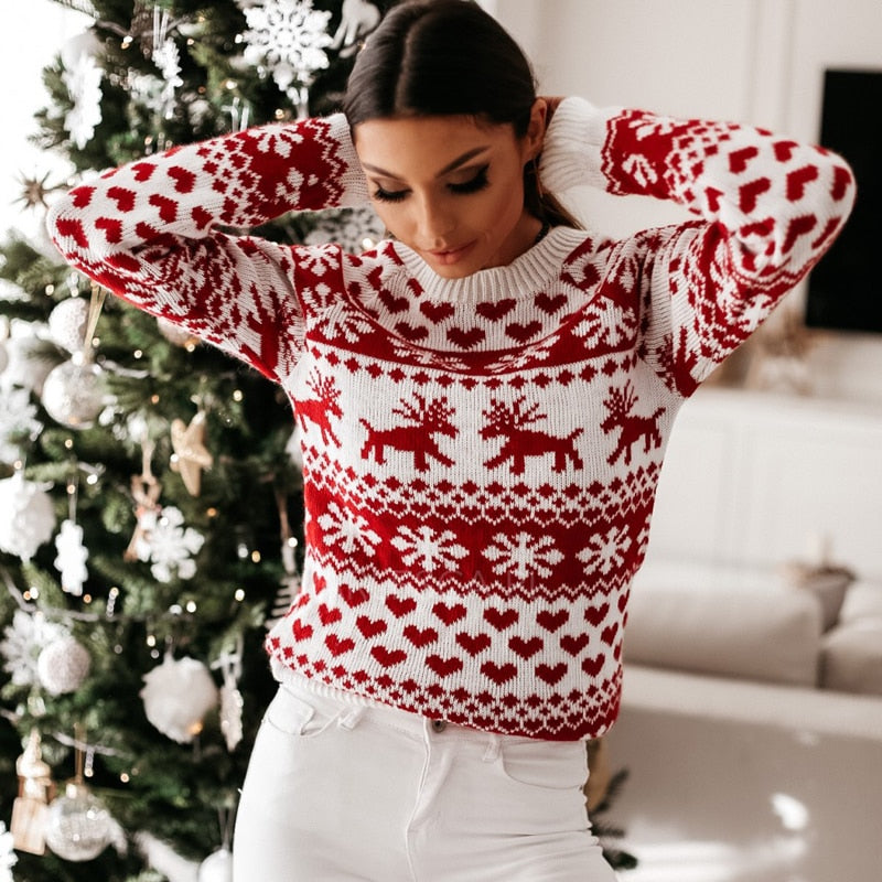Women's Winter Snowflake and Reindeer Pattern Sweater