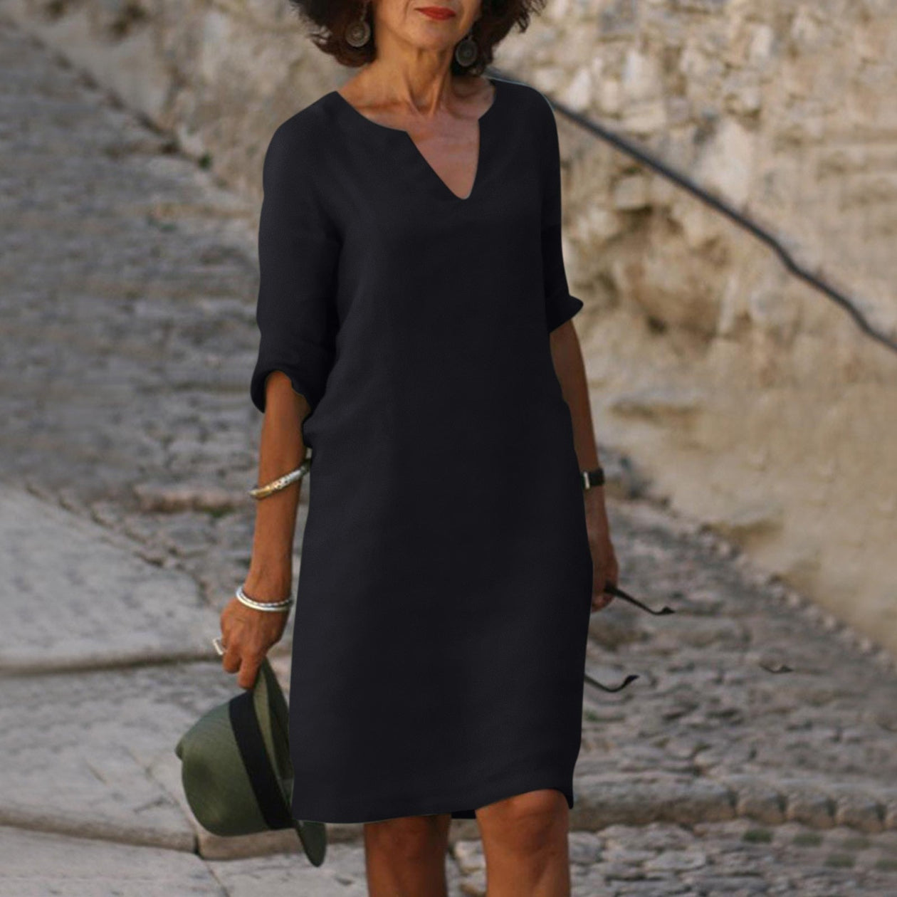 Women's V-Neck Linen Summer Midi Dress - Black / L - Fashion Trends - Susan Smith Women's V-Neck Linen Summer Midi Dress - Black / L - Fashion Trends - Susan Smith