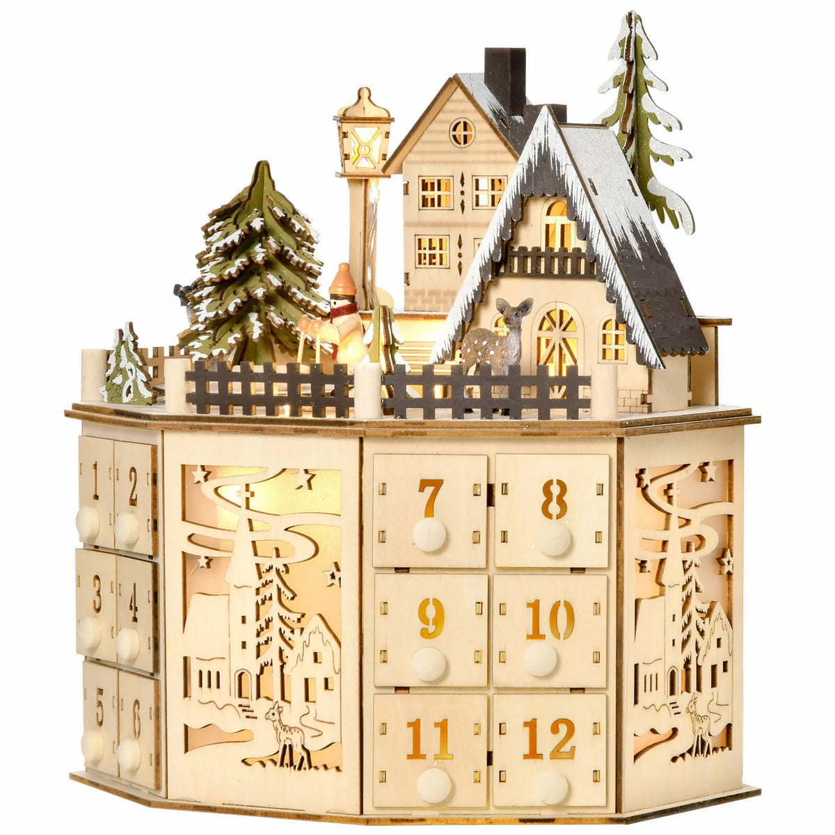Wooden Advent Calendar – 24 Compartments with Warm LED Light and Christmas Ambience