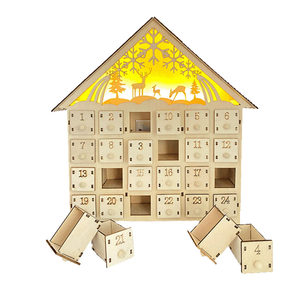 Wooden Advent Calendar – 24 Compartments with Warm LED Light and Christmas Ambience