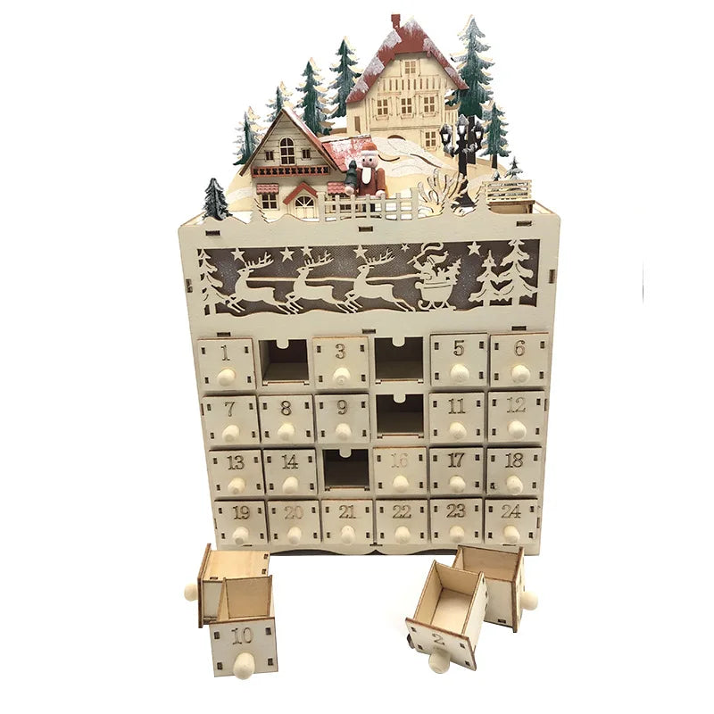 Wooden Advent Calendar – 24 Compartments with Warm LED Light and Christmas Ambience