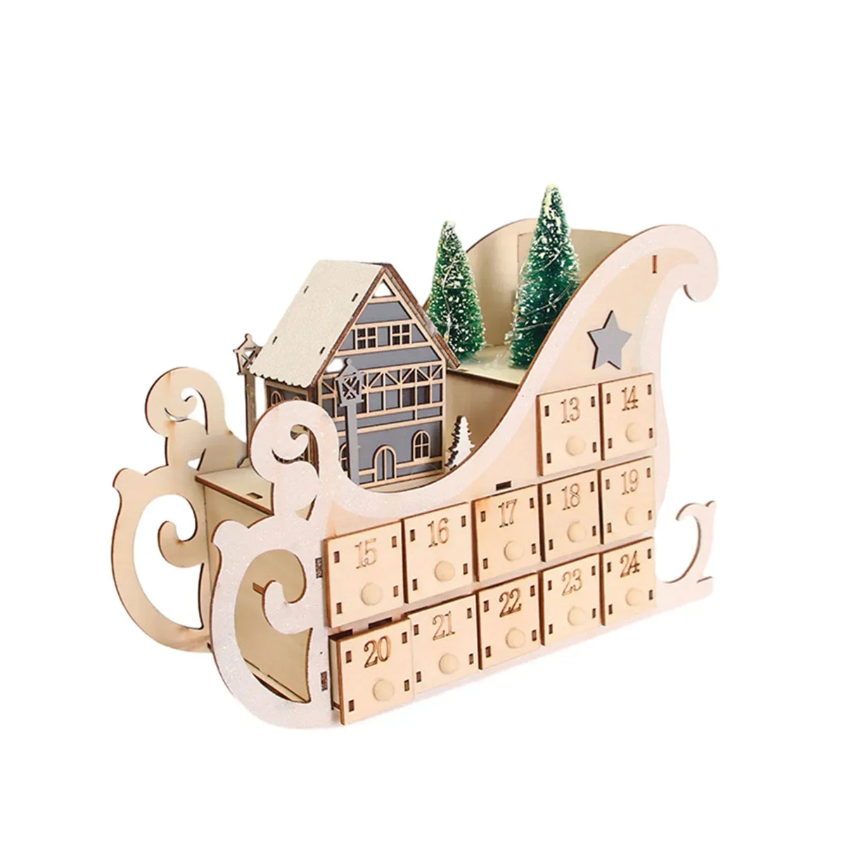 Wooden Advent Calendar – 24 Compartments with Warm LED Light and Christmas Ambience