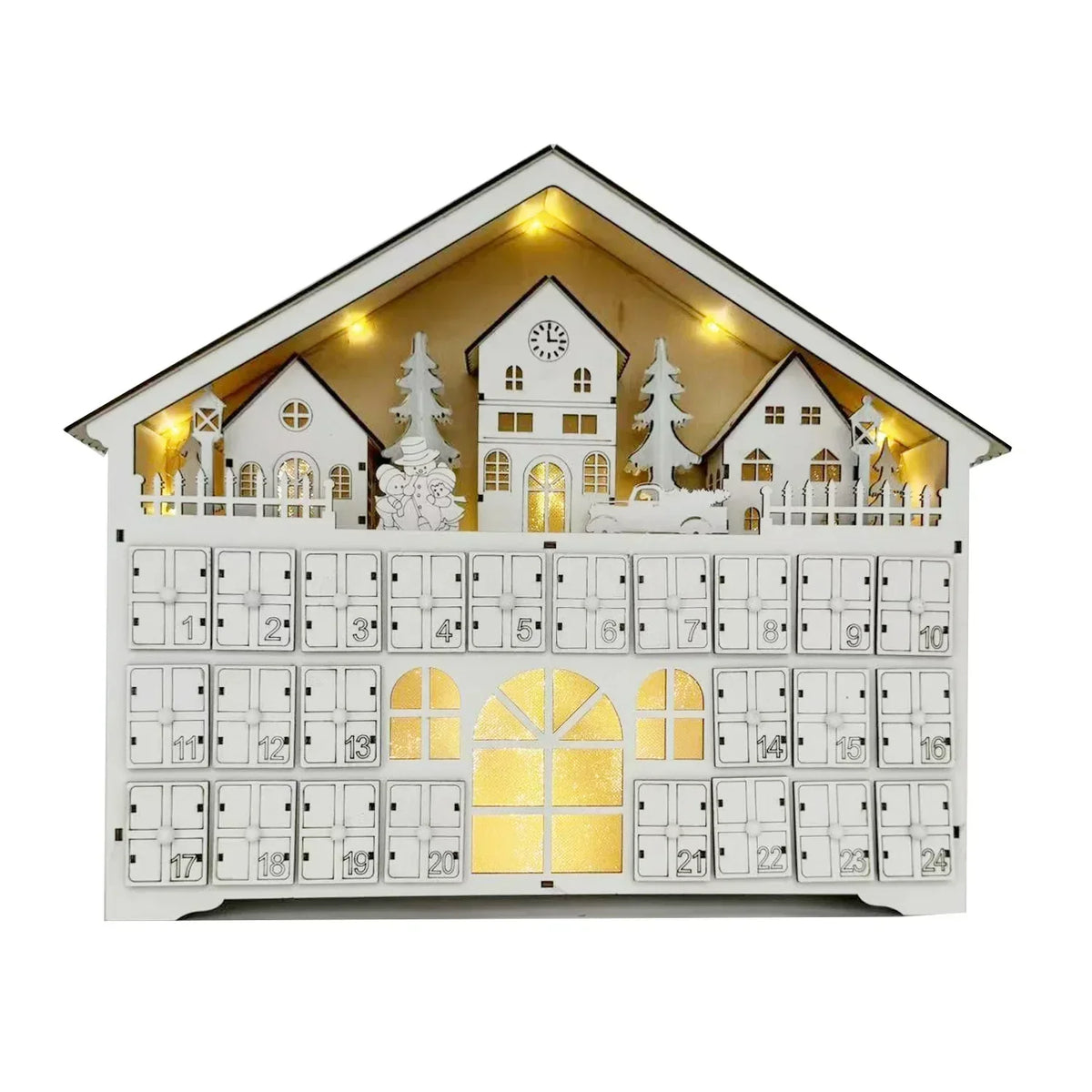 Wooden Advent Calendar – 24 Compartments with Warm LED Light and Christmas Ambience