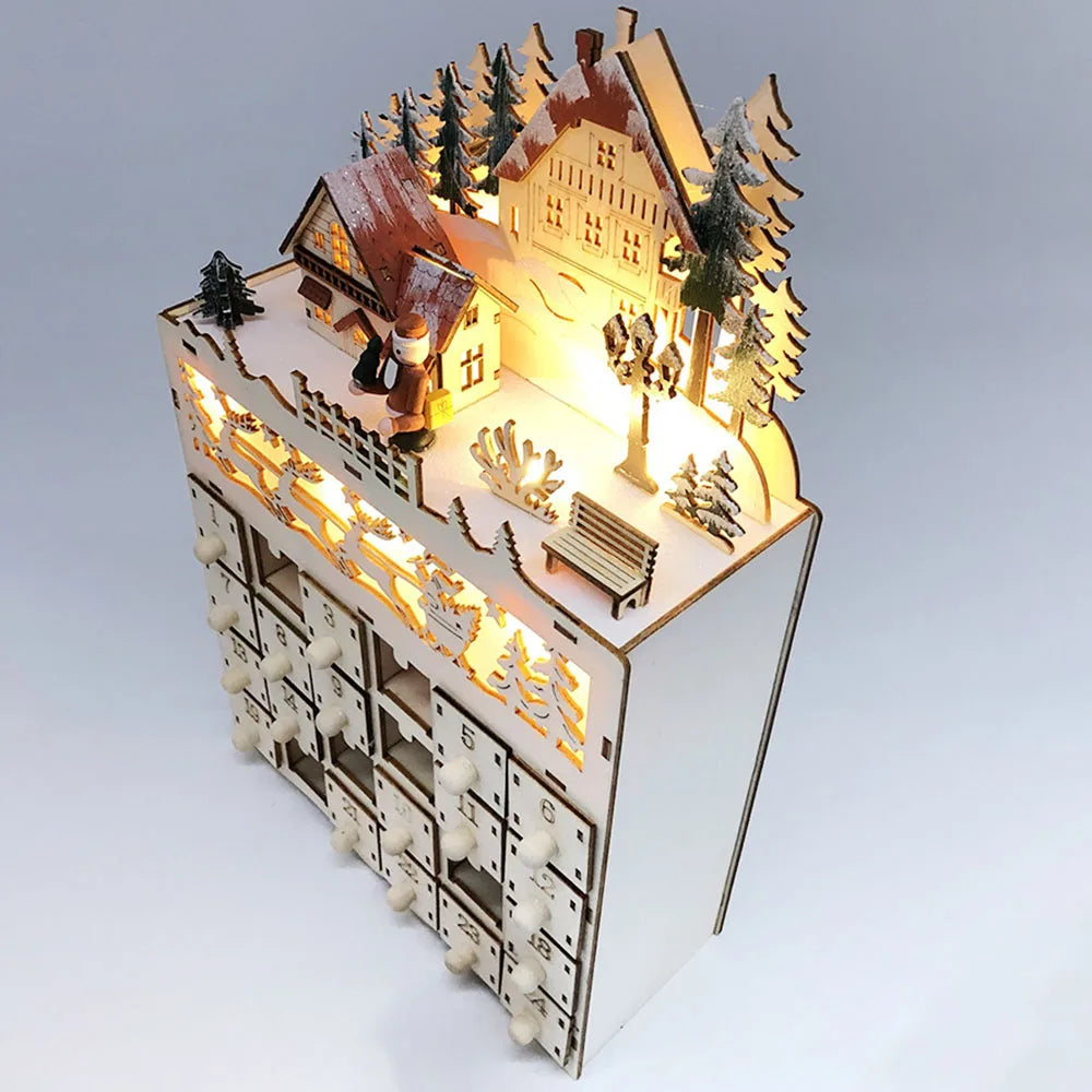 Wooden Advent Calendar – 24 Compartments with Warm LED Light and Christmas Ambience
